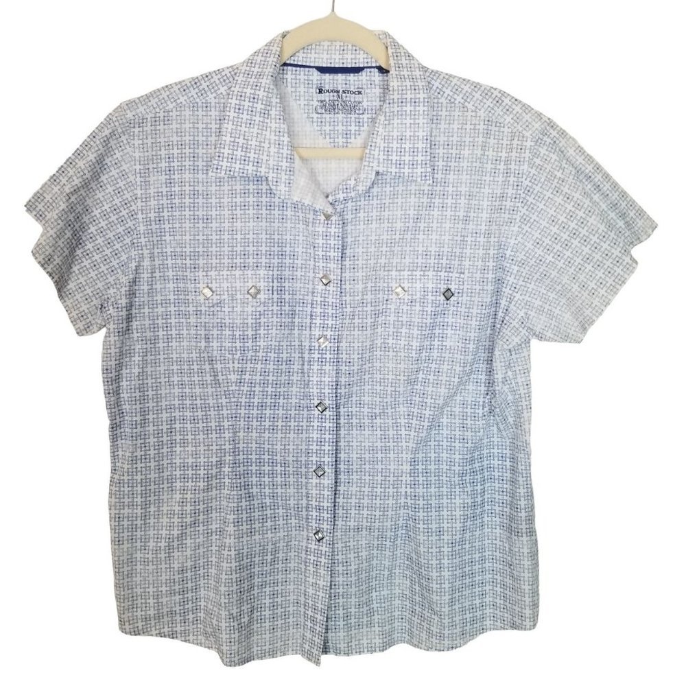 Rough Stock Women XL White/Blue Tile Print Short Sleeve Snap Front Western Shirt
